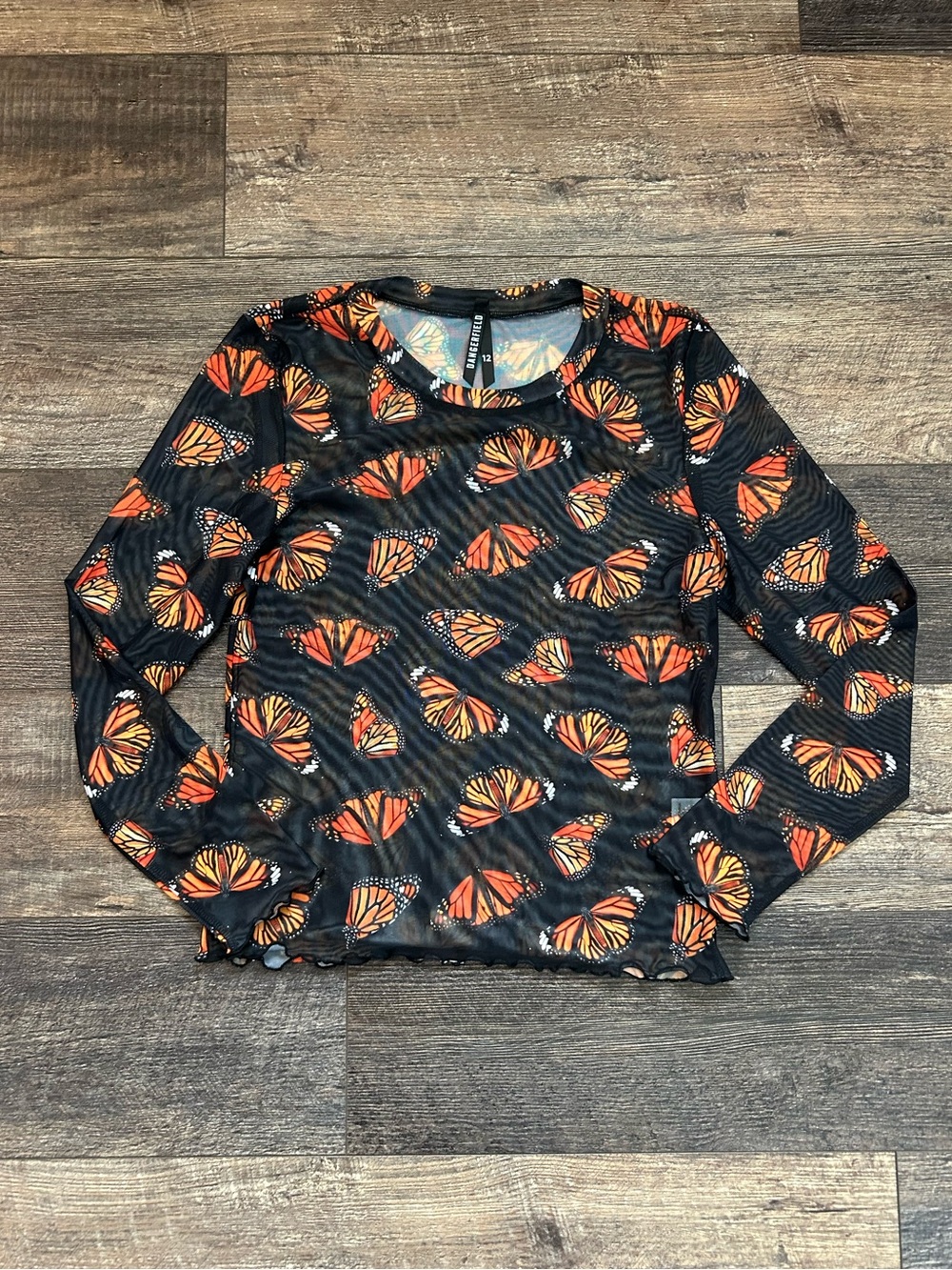 Dangerfield Butterfly Sheer Mesh Long Sleeve Top Black Orange Womens Size 12 L